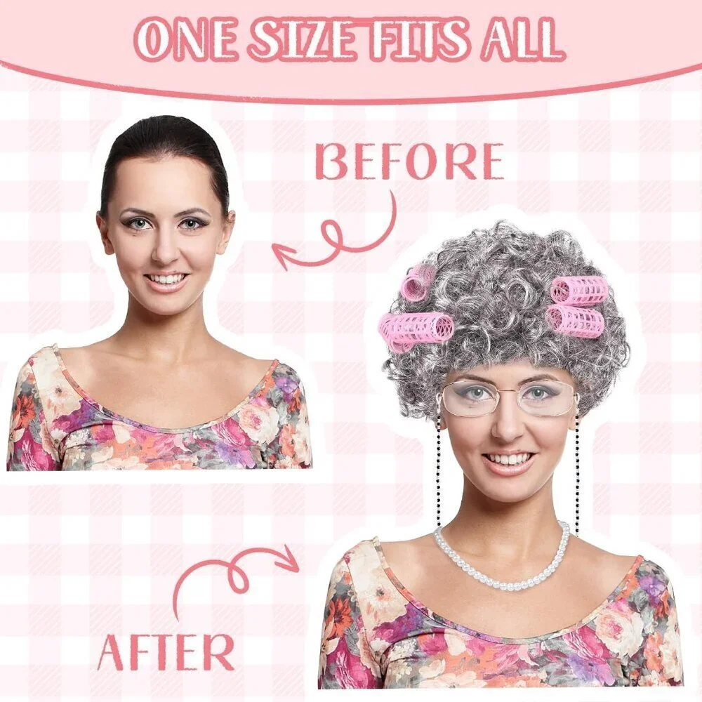Old Lady Costume Set Gray Wig Glasses Pearl Necklace Cosplay Halloween